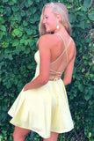 Simple Yellow A-line Satin Spaghetti Straps V-neck Homecoming Dress with Pockets, SH515