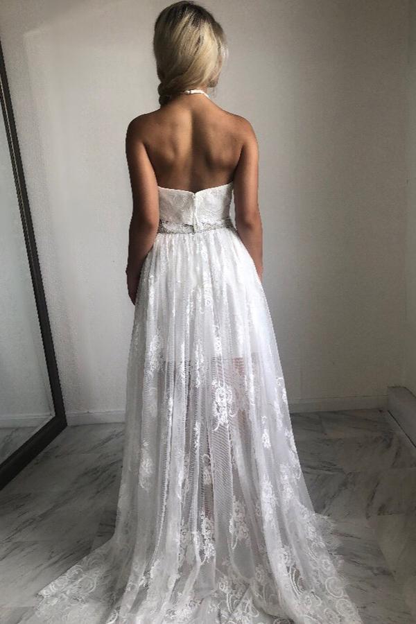 www.simidress.com | White Stylish High Low A-line Halter Lace Homecoming Dresses Short Prom Dress, SH517