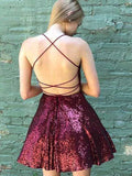 www.simidress.com | Burgundy Sparkly Backless A-line Mini Spaghetti Straps Homecoming Dress, SH518