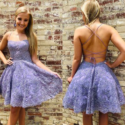 Purple Beaded A-line Spaghetti Straps Lace Appliques homecoming Dress, Simidress Purple Beaded A-line Spaghetti Straps Lace Appliques homecoming Dress, Simidress