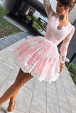 Cute A-line Pink Short Homecoming Dress, Long Sleeves Party Dress,SH52