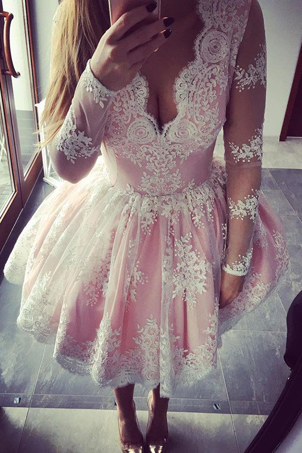 Cute A-line Pink Short Homecoming Dress, Long Sleeves Party Dress,SH52
