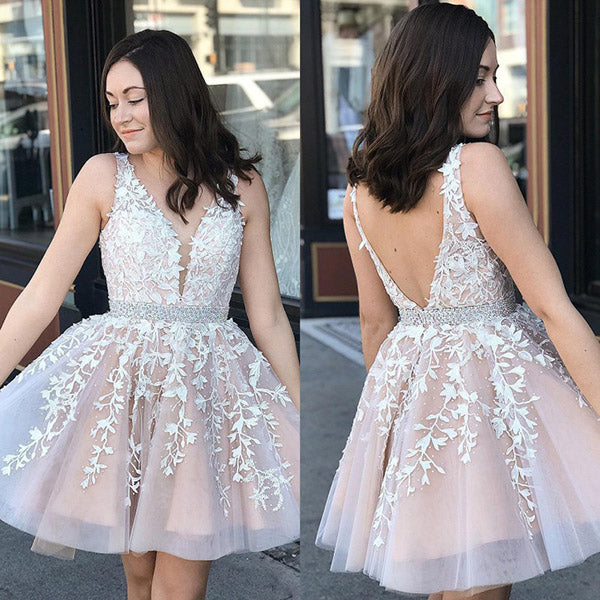 Find Blush Pink Lace A-line V-neck Homecoming Dresses, Prom Dresses Short, SH530 at www.simidress.com
