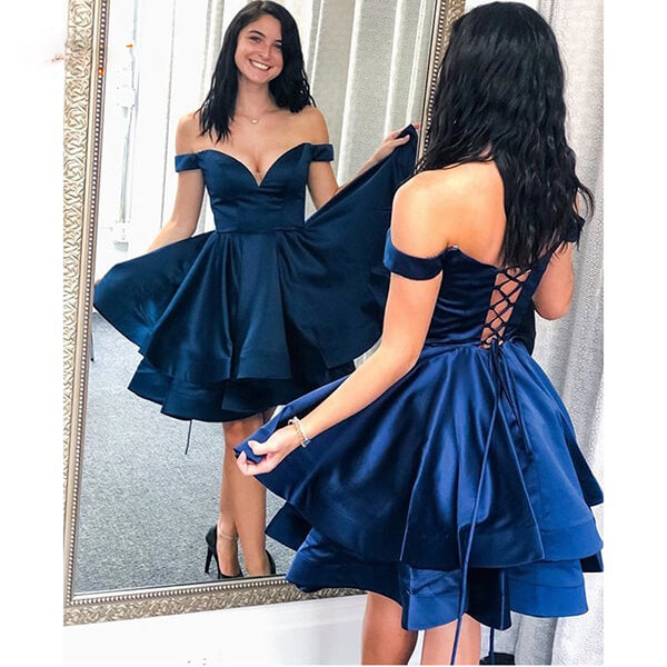 Navy Blue Satin Off Shoulder Short Homecoming dress, SH550 | Simidress Navy Blue Satin Off Shoulder Short Homecoming dress, SH550 | Simidress