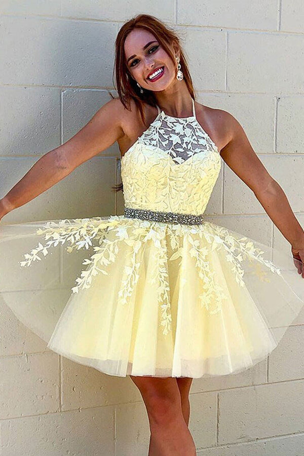 Yellow Tulle A-line Halter Lace up Appliques Short Homecoming Dresses, SH552 | yellow homecoming dresses | short homecoming dresses | graduation dresses | homecoming dresses near me | Simidress