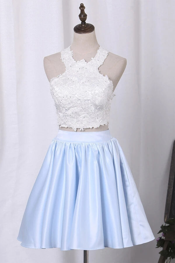 Simple A-line Satin Two-Piece Halter Homecoming Dresses With Appliques, SH556 | homecoming dresses | short prom dresses | graduation dresses | simidress.com