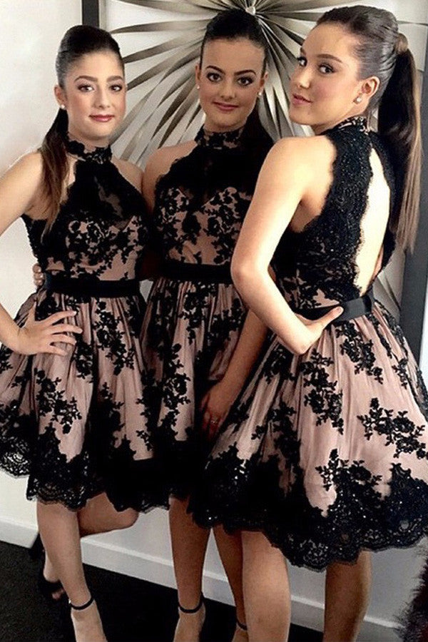 High Neck Black Lace Homecoming Dress,Saucy Halter Pearl Pink Open Back Prom Dress,SH57
