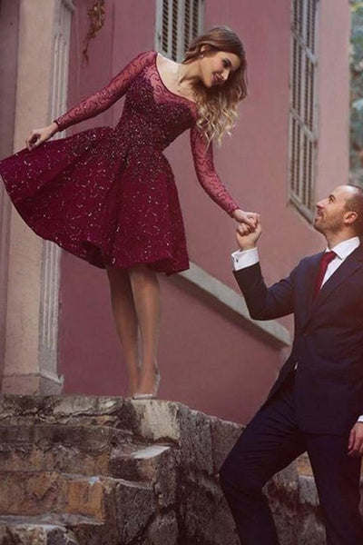 Cheap Burgundy Beaded Homecoming Dress, Long Sleeves Short Prom Dress Simidress Cheap Burgundy Beaded Homecoming Dress, Long Sleeves Short Prom Dress Simidress