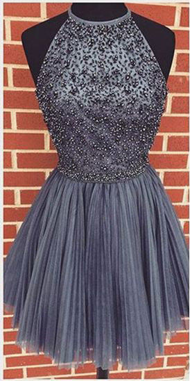 A-line Tulle Gray Halter High Neck Beaded Short Prom Dress,Homecoming –  Simidress