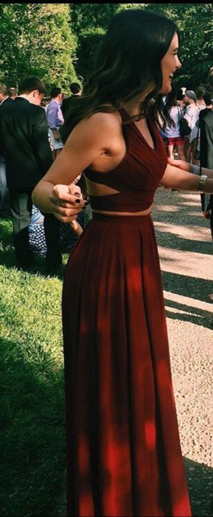 Two Pieces A-line Stretch Satin Prom Dresses,Red Halter Floor-length Prom Gowns,SIM448 | prom dresses | two piece prom dresses | Simidress