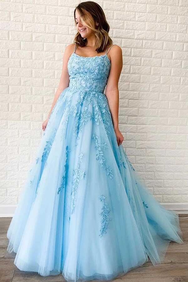Buy blue Tulle A-line V Neck Spaghetti Straps Long Prom Dresses with Appliques, SP531 | prom dress | evening dresses | formal dresses | blue prom dresses | party dresses | Simidress.com