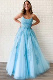 Buy Blue Tulle A-line V Neck Spaghetti Straps Long Prom Dresses with Appliques, SP531 at www.simidress.com