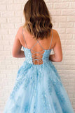 Simidress sell Blue Tulle A-line V Neck Spaghetti Straps Long Prom Dresses with Appliques, SP531 | lace prom dresses | blue prom dresses | party dresses | Simidress.com