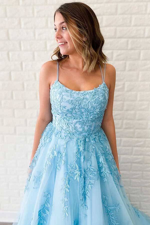 Simidress sell Blue Tulle A-line V Neck Spaghetti Straps Long Prom Dresses with Appliques, SP531 | lace prom dresses | formal dresses | cheap prom dresses | blue prom dresses | evening dresses | party dresses | Simidress.com