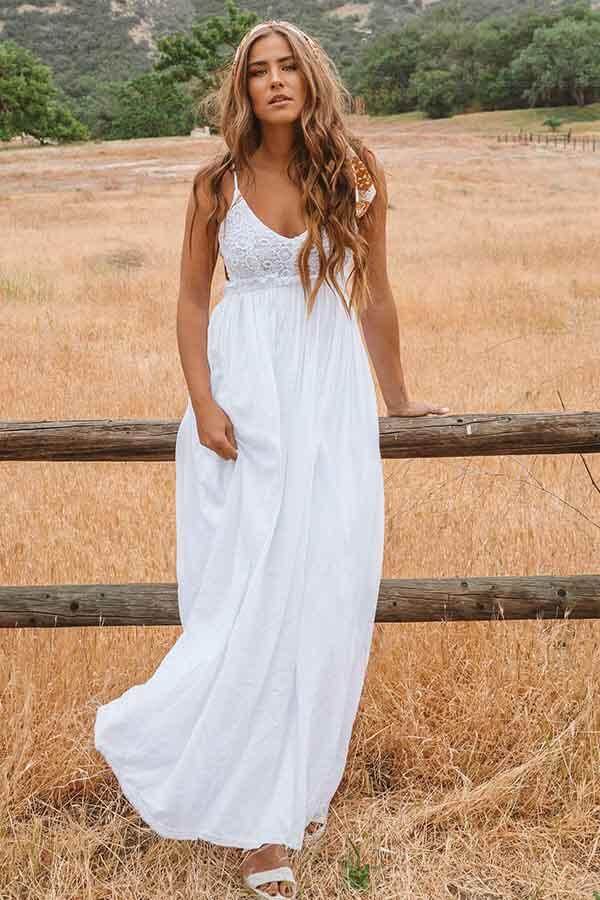 White Lace A-Line Backless Scoop Floor Length Beach Wedding Dresses, SW370 | lace wedding dresses | beach wedding dresses | cheap wedding dresses | white wedding dresses | simple wedding dresses | bridal gowns | wedding dress | wedding dresses online | boho wedding dresses | Simidress.com