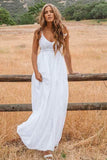 White Lace A-Line Backless Scoop Floor Length Beach Wedding Dresses, SW370