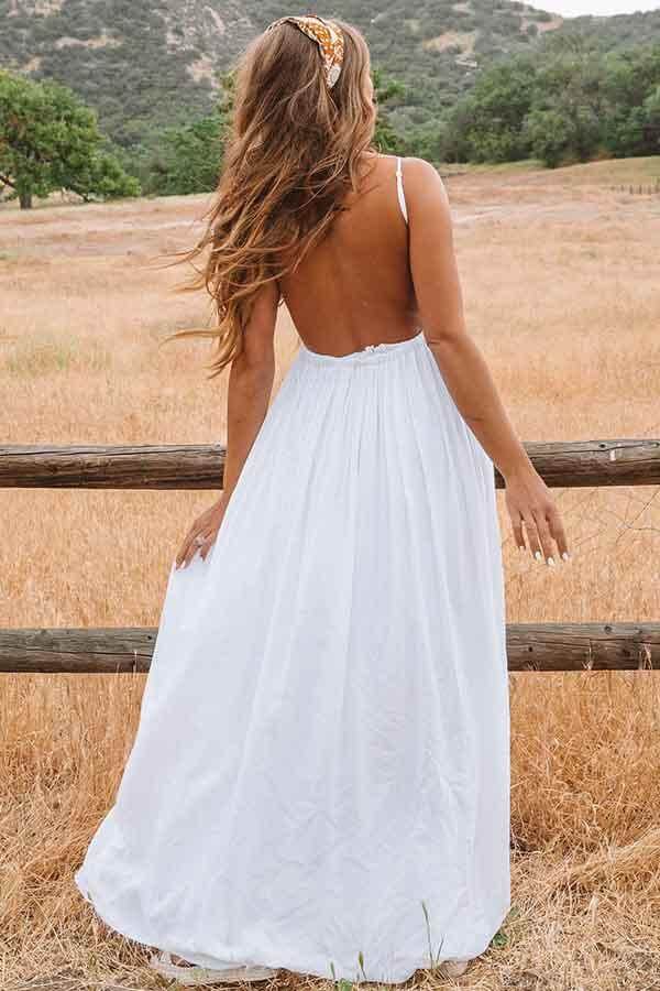 White Lace Scoop Neck Floor Length Beach Wedding Dresses, SW370 | lace wedding dresses | beach wedding dresses | cheap wedding dresses | white wedding dresses | simple wedding dresses | bridal gowns | wedding dress | wedding dresses online | boho wedding dresses | Simidress.com