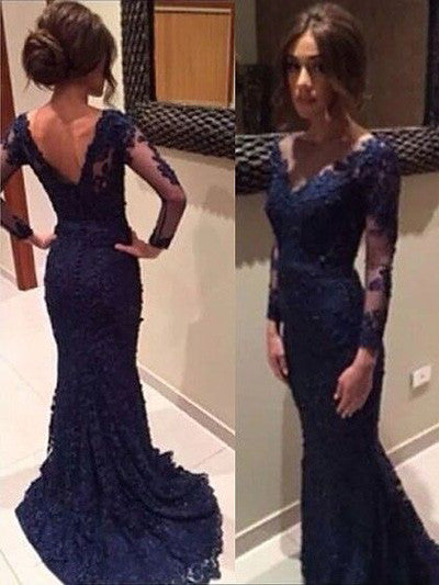 Long Sleeves Lace Navy Blue Prom Dresses,V-neck Open Back Evening Dresses,M68