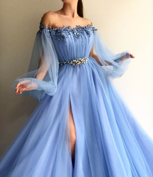 Petite Blue Hot Tulle A-Line Slit Evening Dress Prom Dresses
