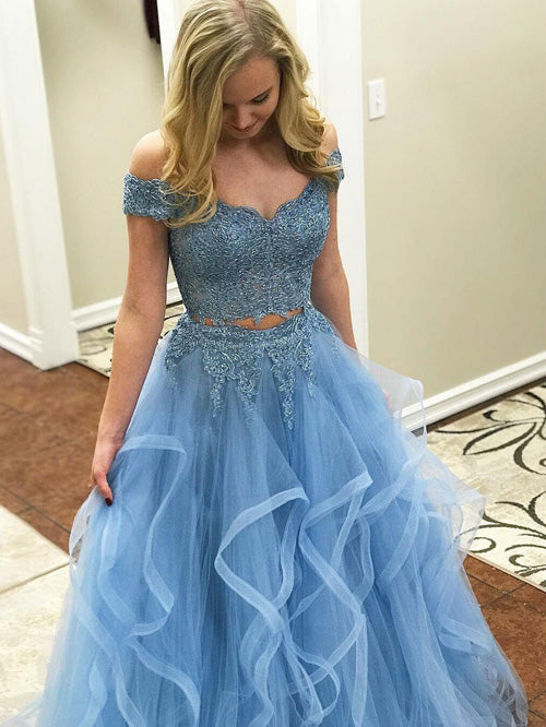 Blue Tulle Off Shoulder Two Piece Prom Dresses Lace Formal Dresses, SP350|musebridals.com