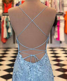 Sky Blue Mermaid Spaghetti Straps Backless Long Prom Dresses Formal Dress, SP356