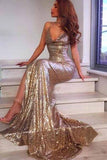 Gold Sequins Mermaid Backless Long Prom Dresses with Side Slit, SP357