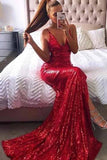 simidress.com|Gold Sequins Mermaid Backless Long Prom Dresses with Side Slit, SP357