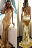 Fabulous Gold Mermaid Spaghetti Straps Long Prom Dresses With Short Train, SP374