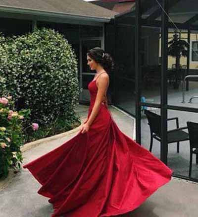 simidress.com offer Simple Red A-line Satin Spaghetti Straps Long Prom Dresses with Slit, SP380