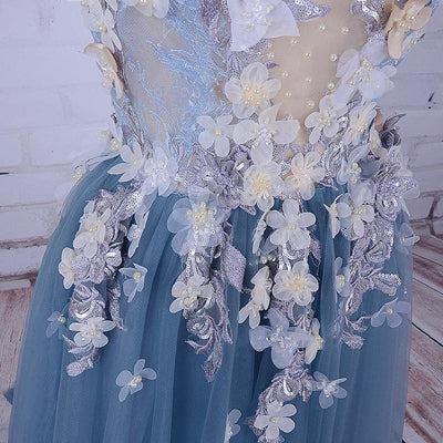 Charming A-line Scoop Tulle Long Prom Dress/Evening Dress with Flowers, SP395