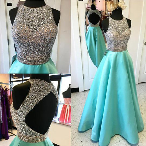 Beautiful Beaded Satin Open Back Jewelry Neck Sequins Long Prom Dresses,  SP412 – Simidress