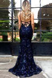 simidress.com sell Popular Lace Backless Navy Blue Mermaid Spaghetti Straps Long Prom Dress, SP417