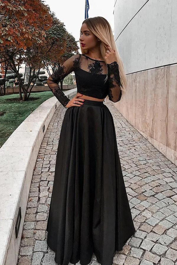 Popular Black Two Piece Long Sleeve Prom Dress with Lace Appliques, SP420