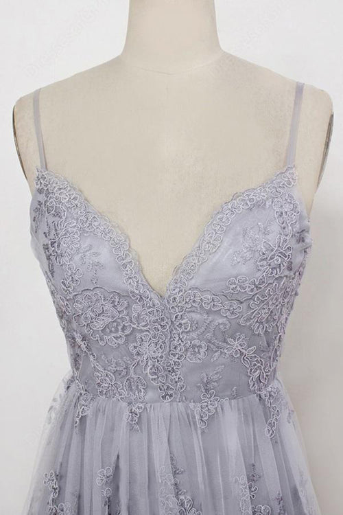 Lavender Tulle Sheath Spaghetti Straps Backless Prom Dresses with Appliques, SP425