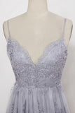 Lavender Tulle Sheath Spaghetti Straps Backless Prom Dresses with Appliques, SP425