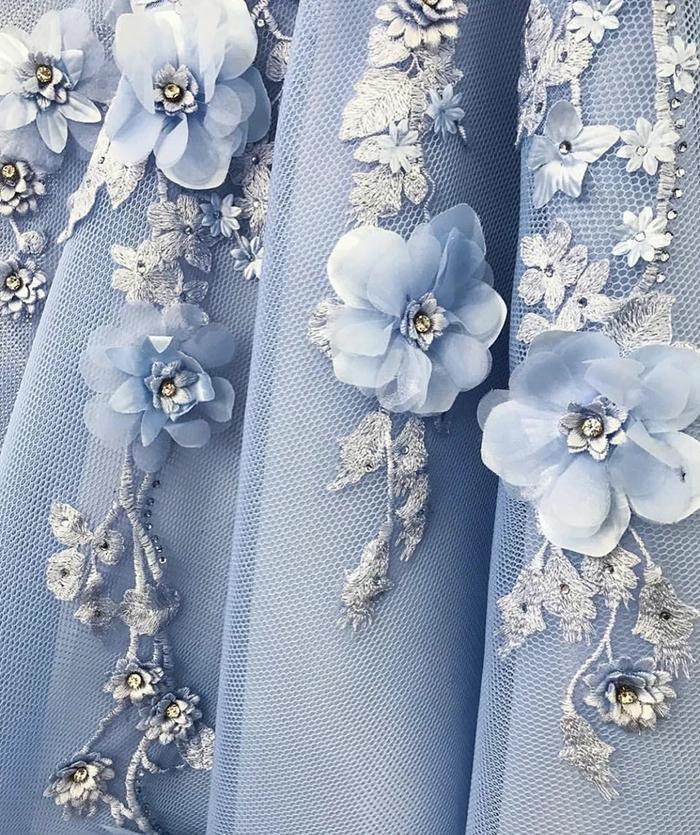 Find Blue Satin A-line Off-the-shoulder Lace Sweetheart 3D Flowers Prom Dresses, SP427 with good price at www.simidress.com