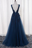 simidress.com offer Navy Blue A-Line V-Neck Tulle Floor-length Prom Dress With Appliques, SP438