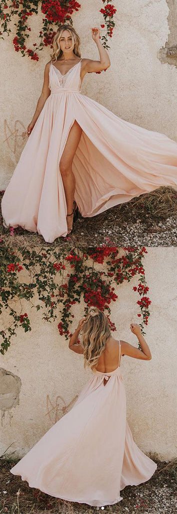 Light Pink Chiffon Spaghetti Straps Prom Dress Evening Dress with Side Slit, SP443 sold by simidress.com