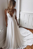 White Satin A-line V-neck Lace Spaghetti Straps Prom Dress with Sweep Train, SP447