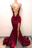 Burgundy Mermaid V-neck Gold Lace Long Prom Dresses with Side Slit, SP448