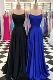 Simple Blue Satin A-line Spaghetti Straps Long Prom Dresses with Train, SP449