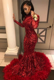 Red Long Sleeve Mermaid Sequins Prom Dress Evening Gowns With Feather, SP450