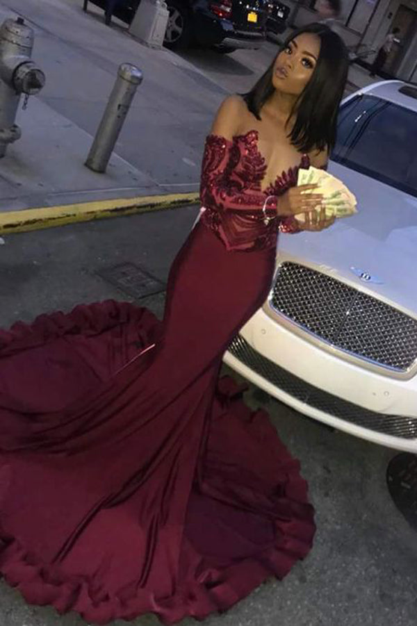 simidress.com offer Burgundy Mermaid Long Sleeve Sequins Long Prom Dress Party Dresses, SP451