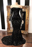 Fabulous Black Mermaid Sequins Long Sleeve Prom Dresses Evening Gowns, SP452