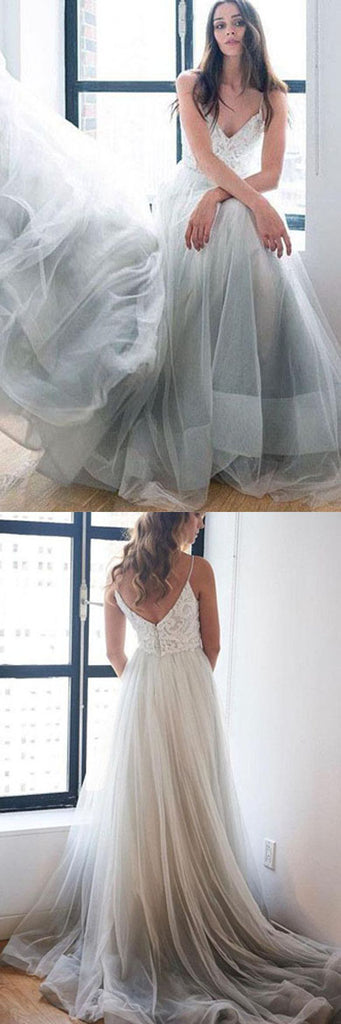 Charming Spaghetti Straps V-neck Tulle Lace Beach Wedding Dress Prom Dress, SP472|simidress.com