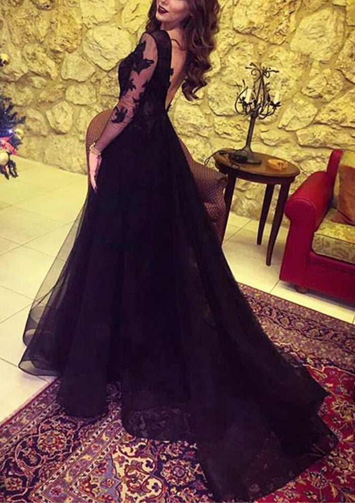 Glamorous Black Tulle Lace Long Sleeve Evening Dresses Prom Dresses with Slit, SP482 | long sleeve prom dresses | black prom dresses | cheap prom dresses | party dresses | formal dresses | evening dresses | prom dresses long | prom dresses online | Simidress