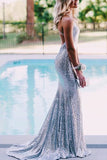 Silver Sparkly Sequins Mermaid V-neck Spaghetti Straps Prom Dress Party Dresses, SP499