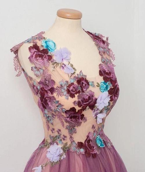 Find New Arrival Burgundy A Line Scoop Neck Tulle Floral Prom Dress With Appliques, SP522 at www.simidress.com