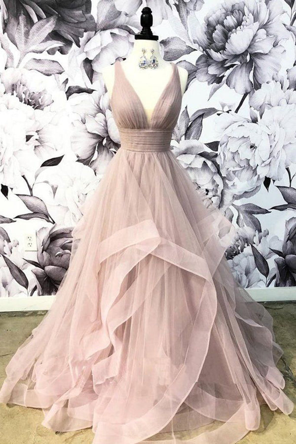 Elegant Grey Tulle A-line V-Neck Long Prom Dresses, Cheap Party Dresses, SP527