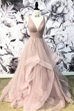 Elegant Pink Tulle A-line V-Neck Long Prom Dresses, Cheap Party Dresses, SP527
